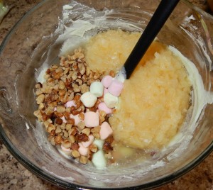 Mix the pudding & coolwhip; then add the other 3 ingredients, and mix again
