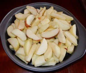 I used about 10 medium apples. I always heap the apples above the dish, as they shrink, and no one wants a thin apple crisp!